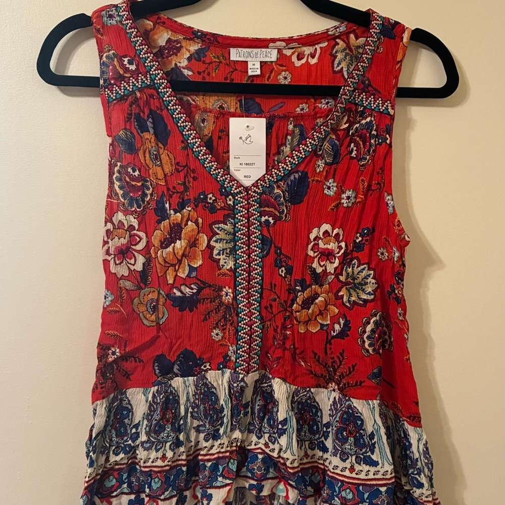 NWT Patrons of Peace Embroidered V-Neck Hi-Lo Ruffle Hem Tank Red Floral Boho M